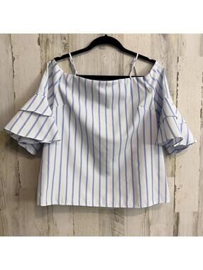 Forever 21 Women M White Blue Stripe Off Shoulder Ruffle Top